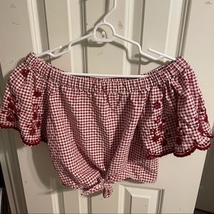 Red Gingham off the shoulder crop top